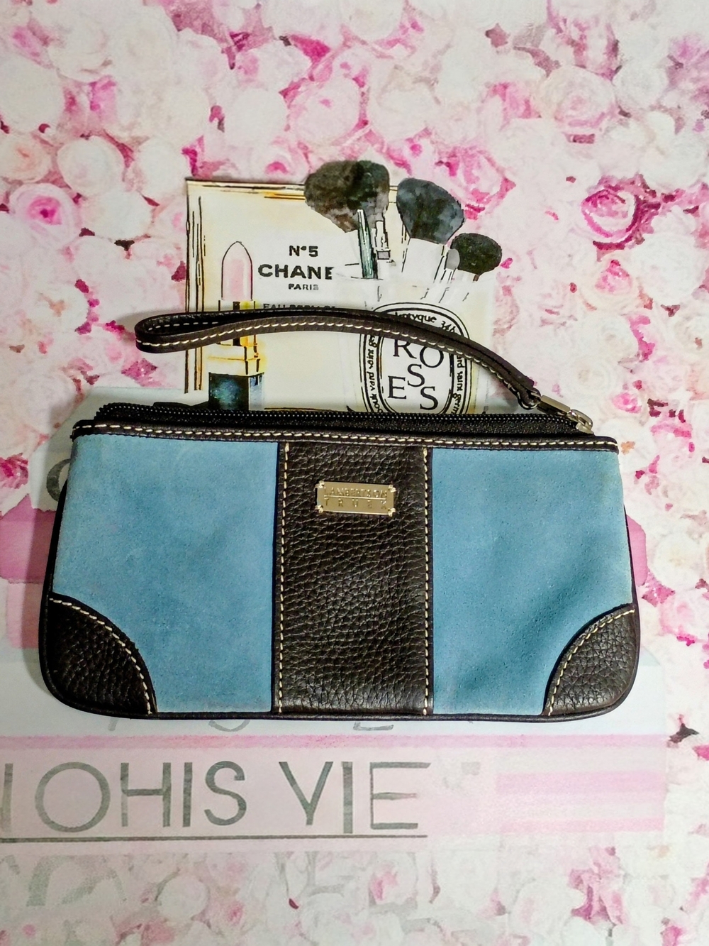 ❤️LAMBERTSON TRUEX BLOOMINGDALES Blue Suede / Brown Leather Clutch Wristlet Bag